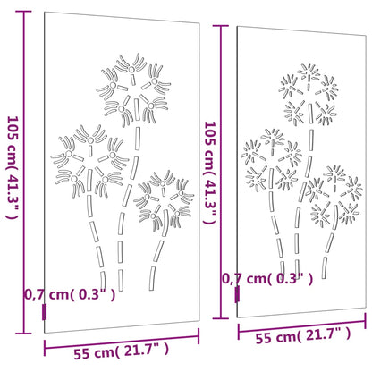 2-tlg. Garten-Wanddeko 105x55 cm Cortenstahl Blumen-Design