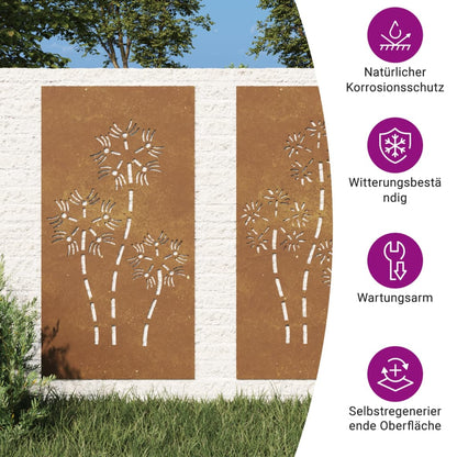2-tlg. Garten-Wanddeko 105x55 cm Cortenstahl Blumen-Design