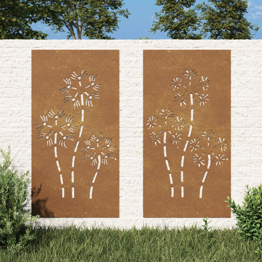 2-tlg. Garten-Wanddeko 105x55 cm Cortenstahl Blumen-Design