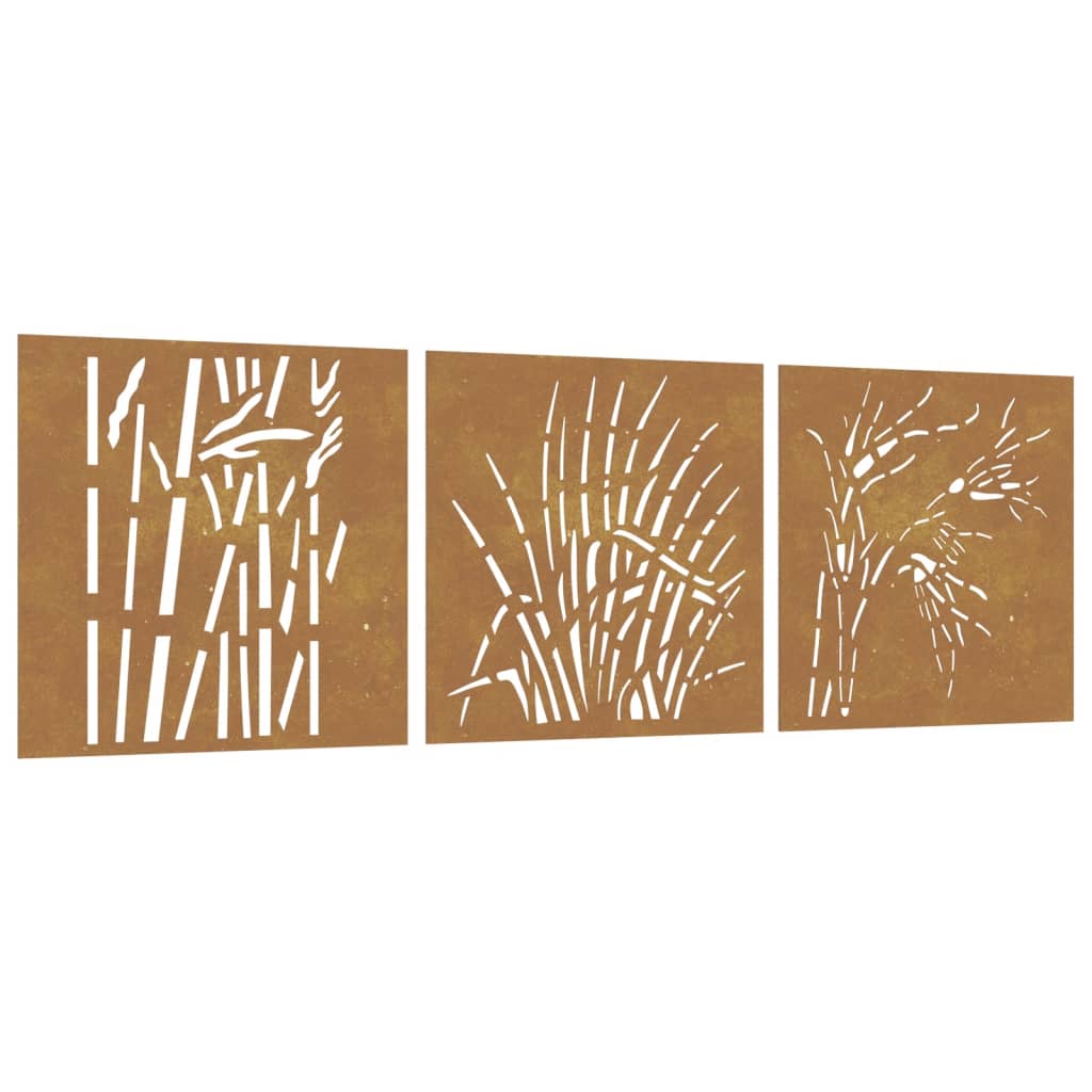 Decorazione da parete da giardino in 3 pezzi 55x55 cm in acciaio Corten con motivo erba