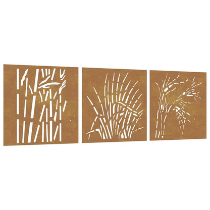 Decorazione da parete da giardino in 3 pezzi 55x55 cm in acciaio Corten con motivo erba