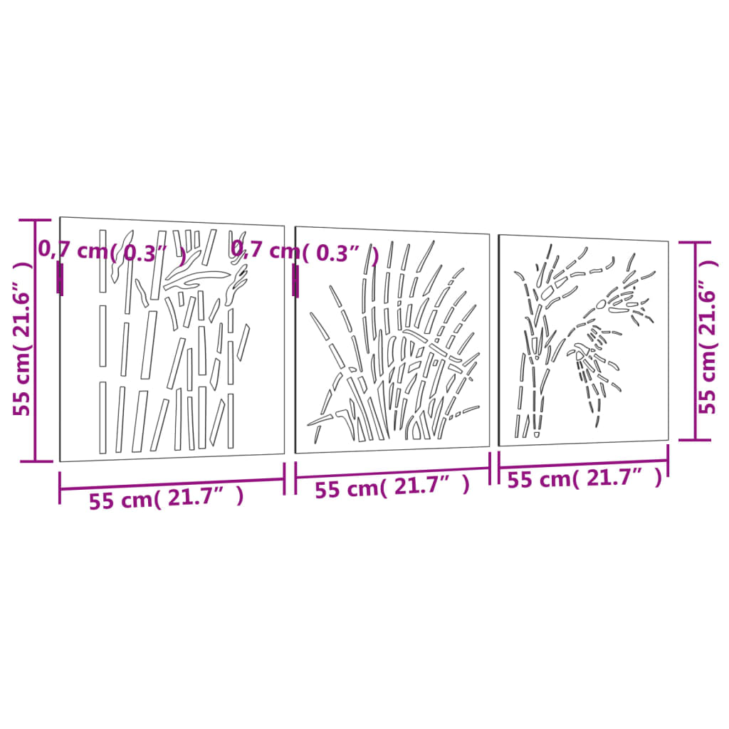 3-tlg. Garten-Wanddeko 55x55 cm Cortenstahl Gras-Design