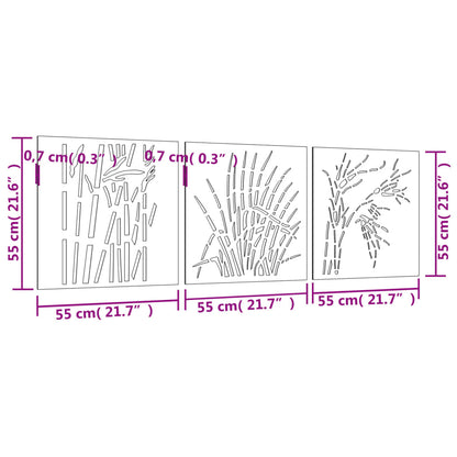 3-tlg. Garten-Wanddeko 55x55 cm Cortenstahl Gras-Design