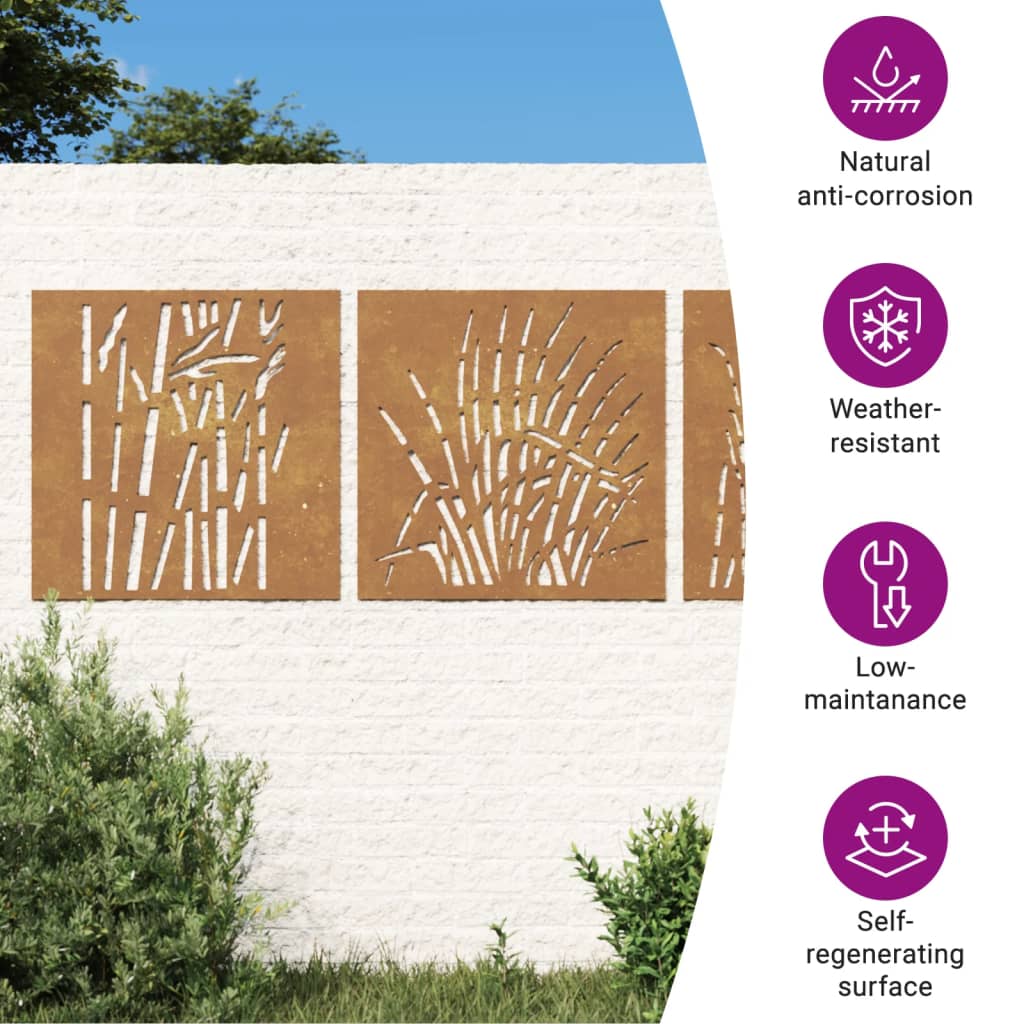 Decorazione da parete da giardino in 3 pezzi 55x55 cm in acciaio Corten con motivo erba