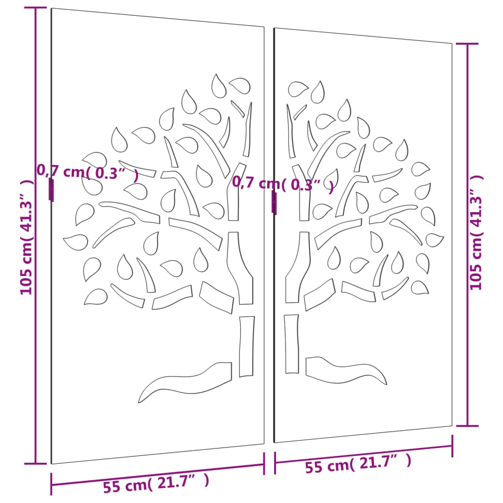 2-tlg. Garten-Wanddeko 105x155 cm Cortenstahl Baum-Design