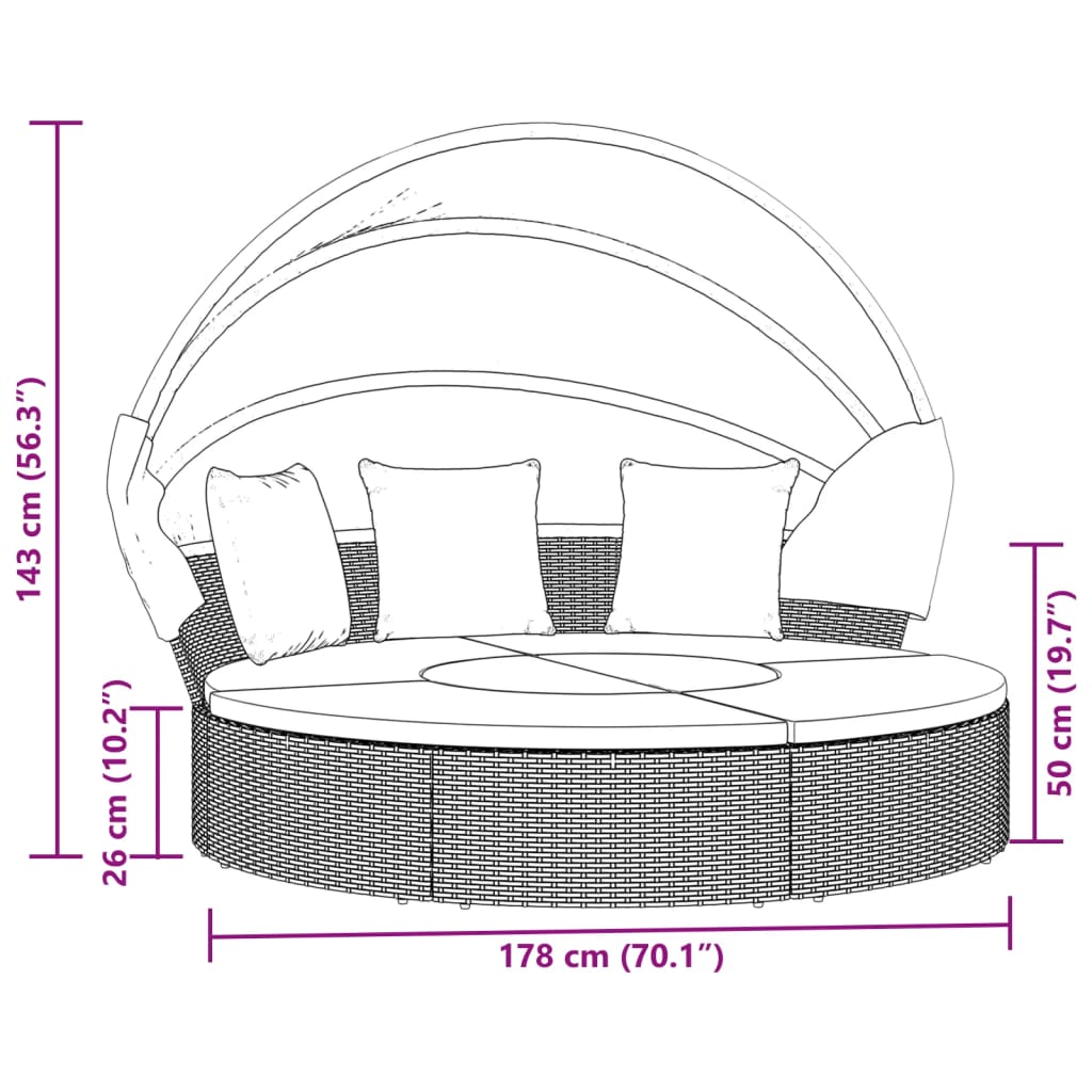 Outdoor-Loungebett mit Dach und Kissen Schwarz Poly Rattan