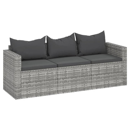 Gartensofa 3-Sitzer mit Kissen Grau Poly Rattan