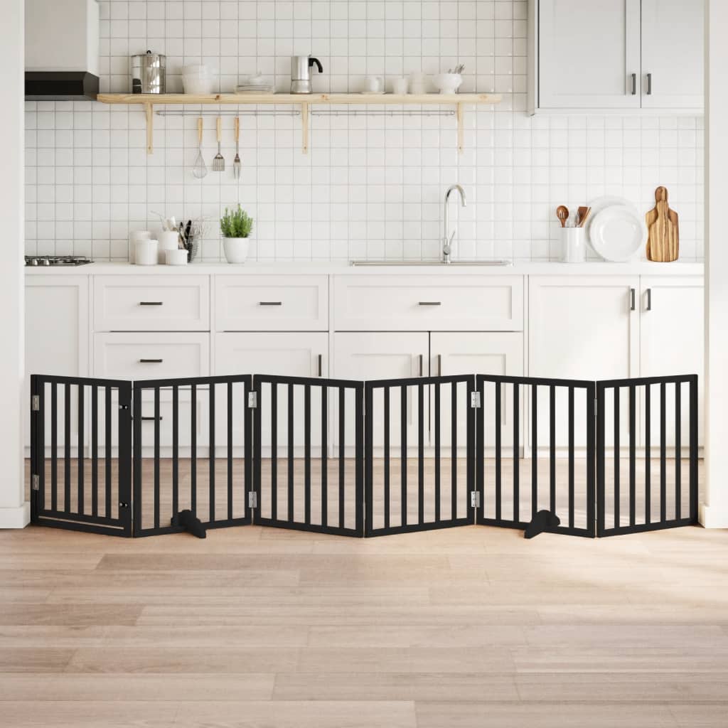 Cancelletto per cani con porta, pieghevole, nero, 300 cm, legno di pioppo, 6 pezzi