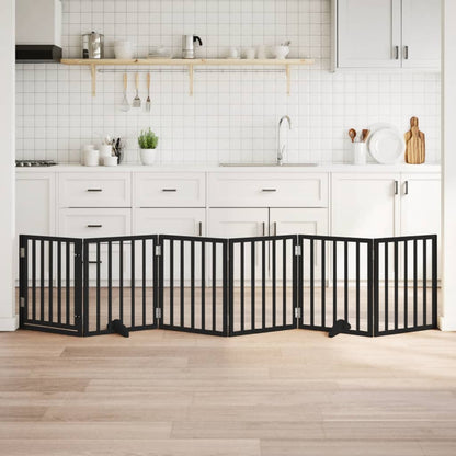 Cancelletto per cani con porta, pieghevole, nero, 300 cm, legno di pioppo, 6 pezzi