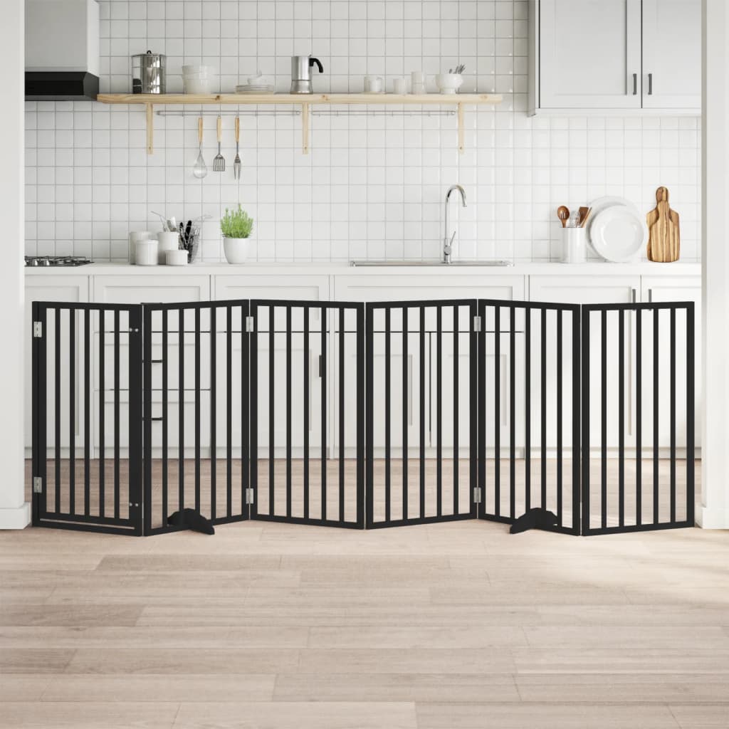 Cancelletto per cani con porta, pieghevole, nero, 300 cm, legno di pioppo, 6 pezzi