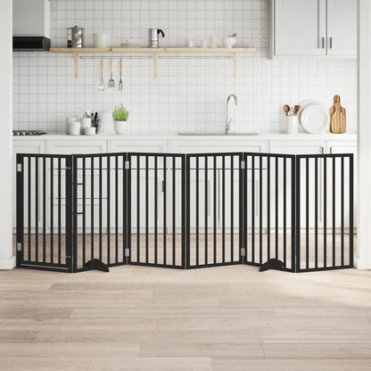 Cancelletto per cani con porta, pieghevole, nero, 300 cm, legno di pioppo, 6 pezzi
