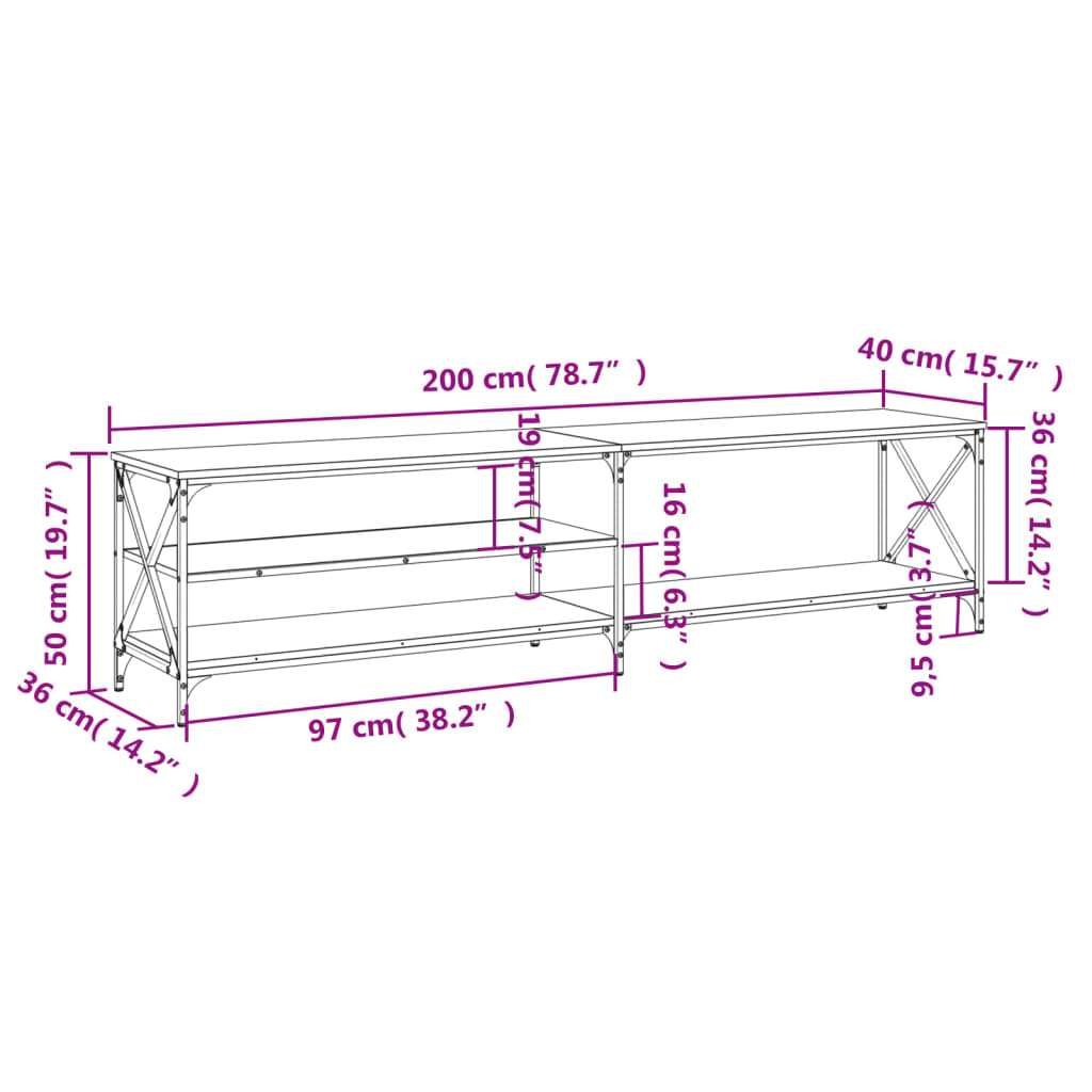 TV-Schrank Braun Eiche 200x40x50 cm Holzwerkstoff und Metall