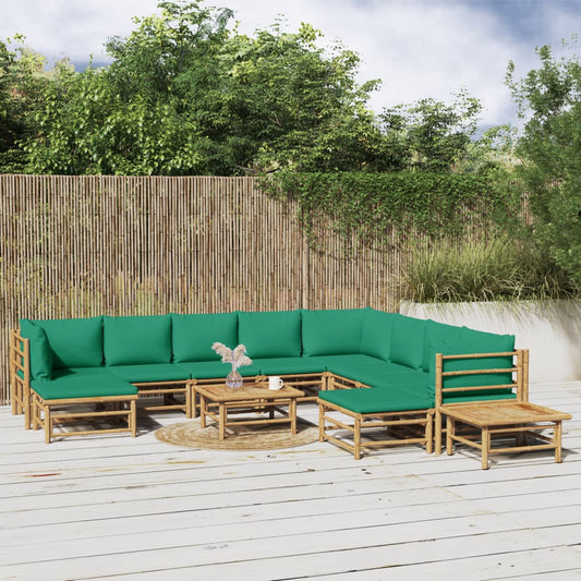 12-tlg. Garten-Lounge-Set mit Grünen Kissen Bambus