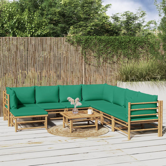 9-tlg. Garten-Lounge-Set mit Grünen Kissen Bambus