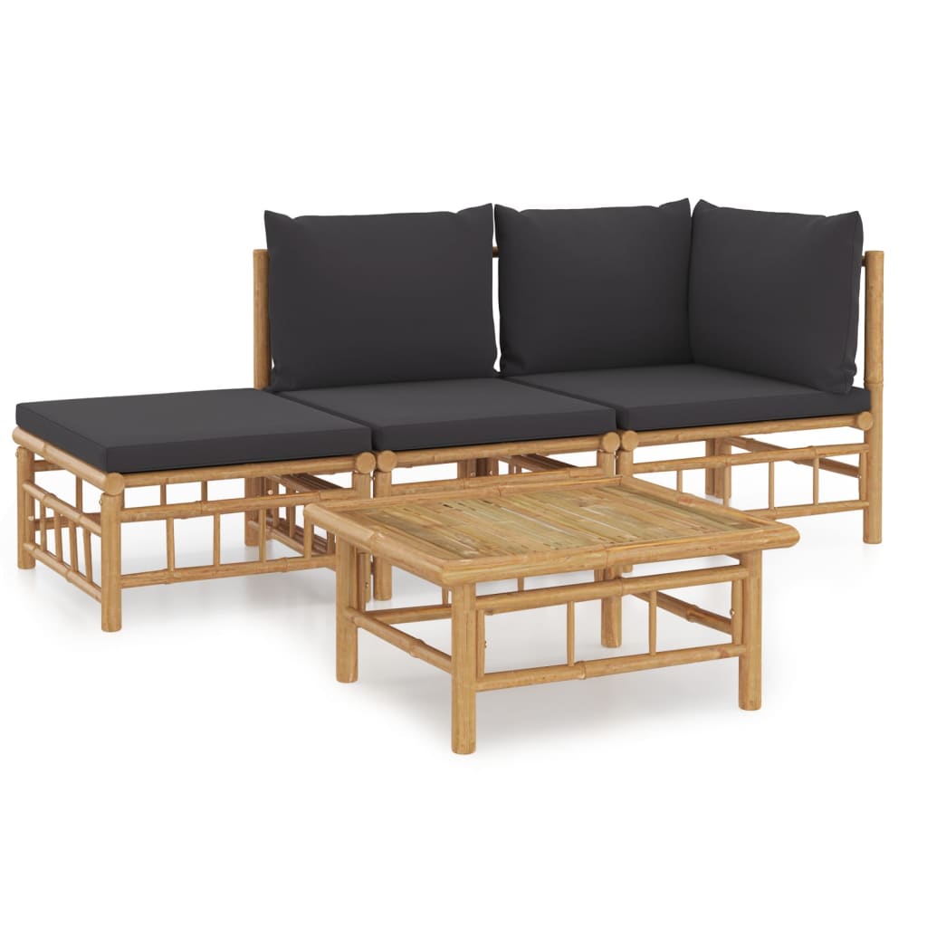 4-tlg. Garten-Lounge-Set mit Dunkelgrauen Kissen Bambus