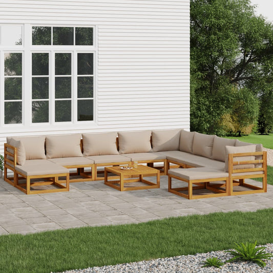 11-tlg. Garten-Lounge-Set mit Taupe Kissen Massivholz