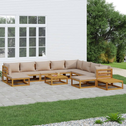 12-tlg. Garten-Lounge-Set mit Taupe Kissen Massivholz