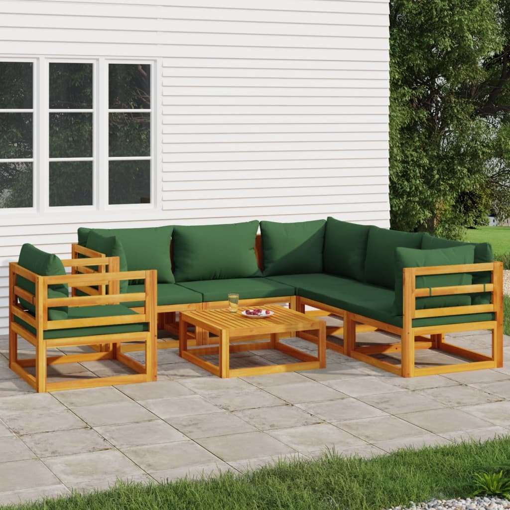 7-tlg. Garten-Lounge-Set mit Grünen Kissen Massivholz