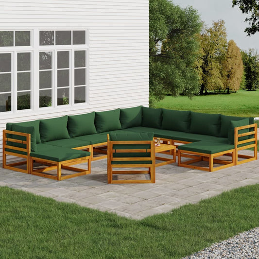 12-tlg. Garten-Lounge-Set mit Grünen Kissen Massivholz