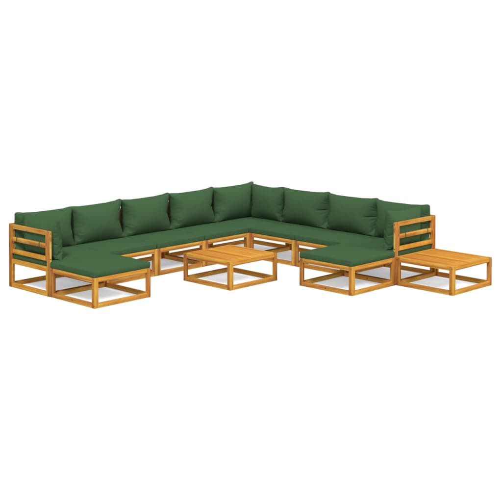 12-tlg. Garten-Lounge-Set mit Grünen Kissen Massivholz