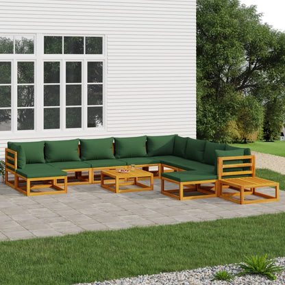 12-tlg. Garten-Lounge-Set mit Grünen Kissen Massivholz