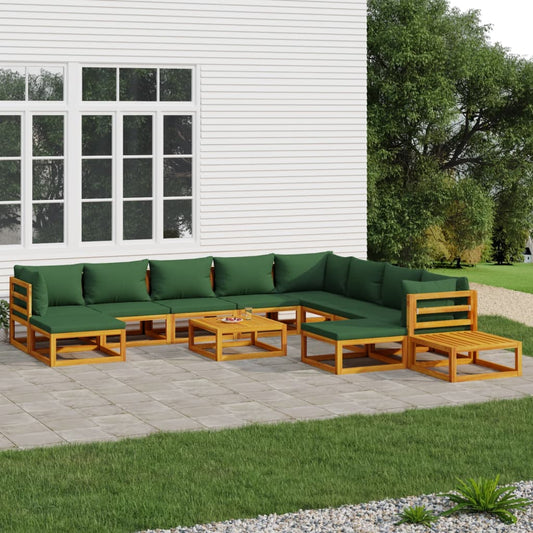 12-tlg. Garten-Lounge-Set mit Grünen Kissen Massivholz