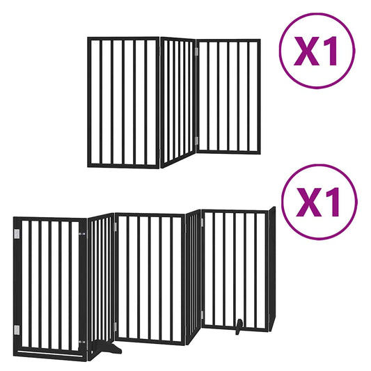 Cancelletto per cani con porta, pieghevole, nero, 450 cm, legno di pioppo, 9 pezzi