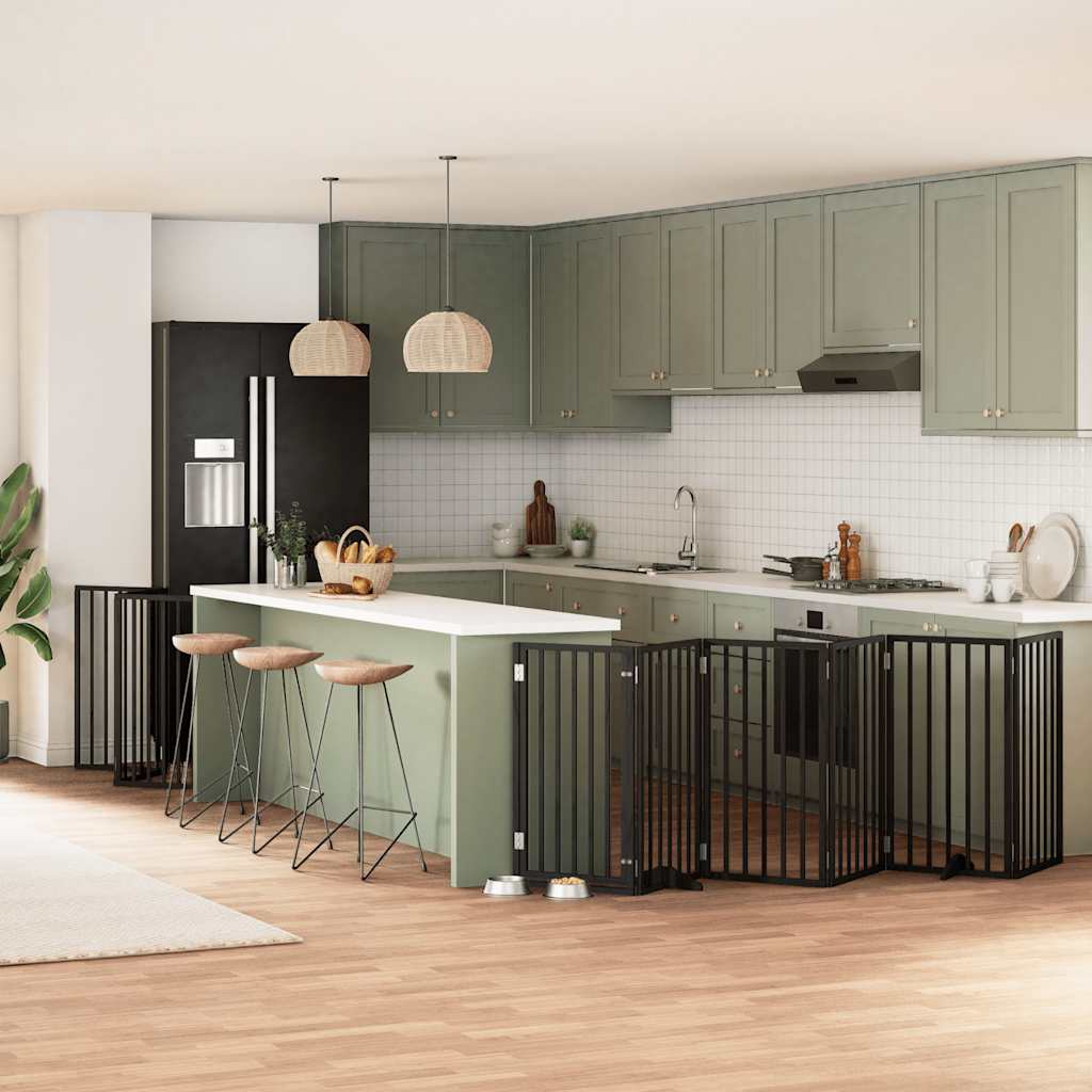 Cancelletto per cani con porta, pieghevole, nero, 450 cm, legno di pioppo, 9 pezzi