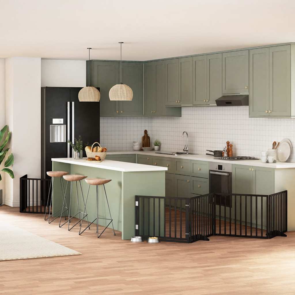 8-tlg. Hundetor mit Tür Faltbar Schwarz 640 cm Pappelholz