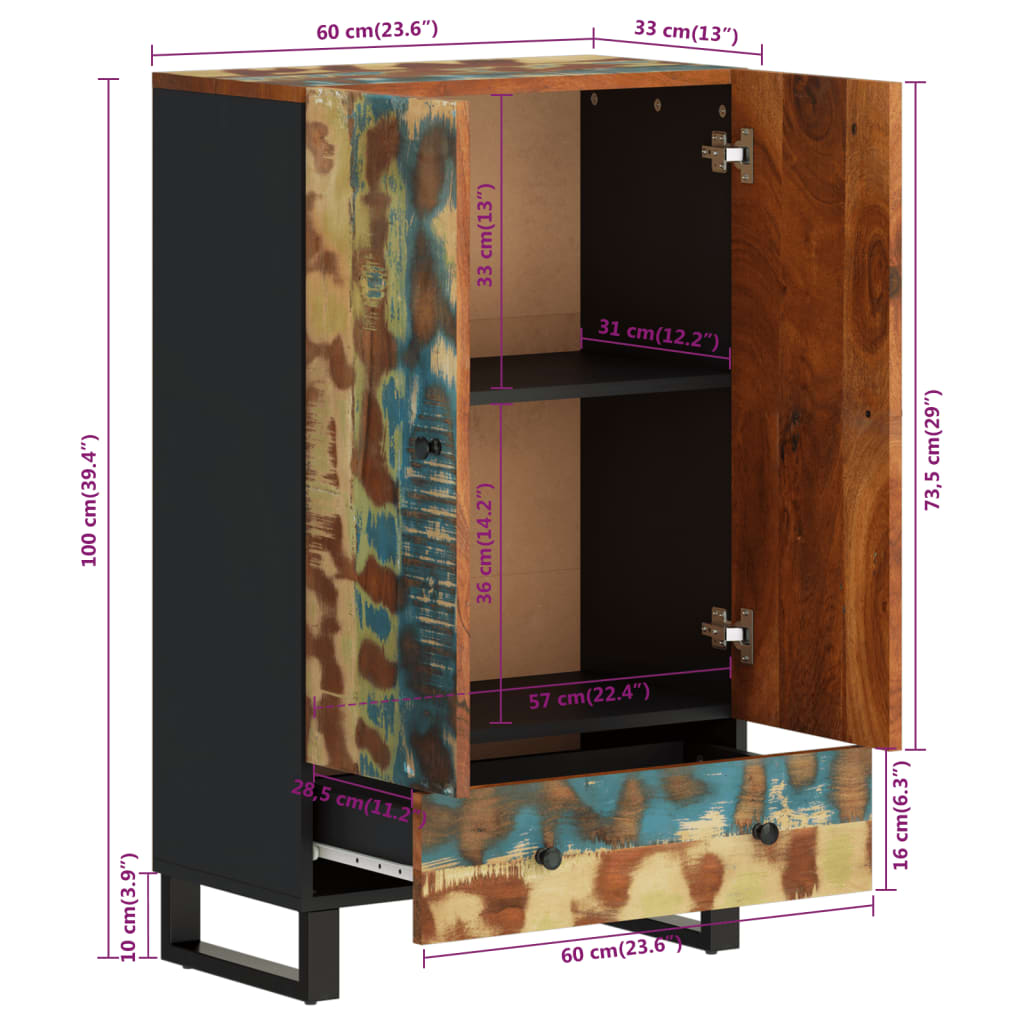 Highboard mit Schublade 60x33x100 cm Massives Altholz & Eisen