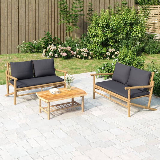 3-tlg. Garten-Lounge-Set mit Dunkelgrauen Kissen Bambus