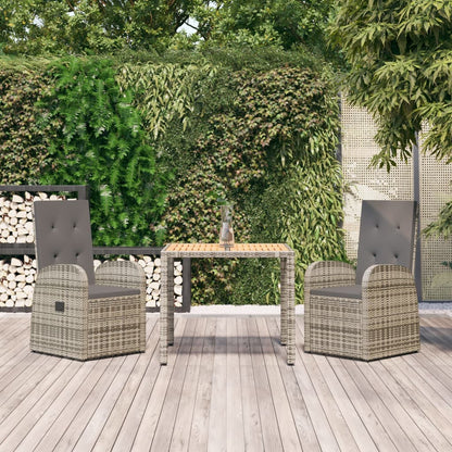 3-tlg. Garten-Essgruppe mit Kissen Grau Poly Rattan