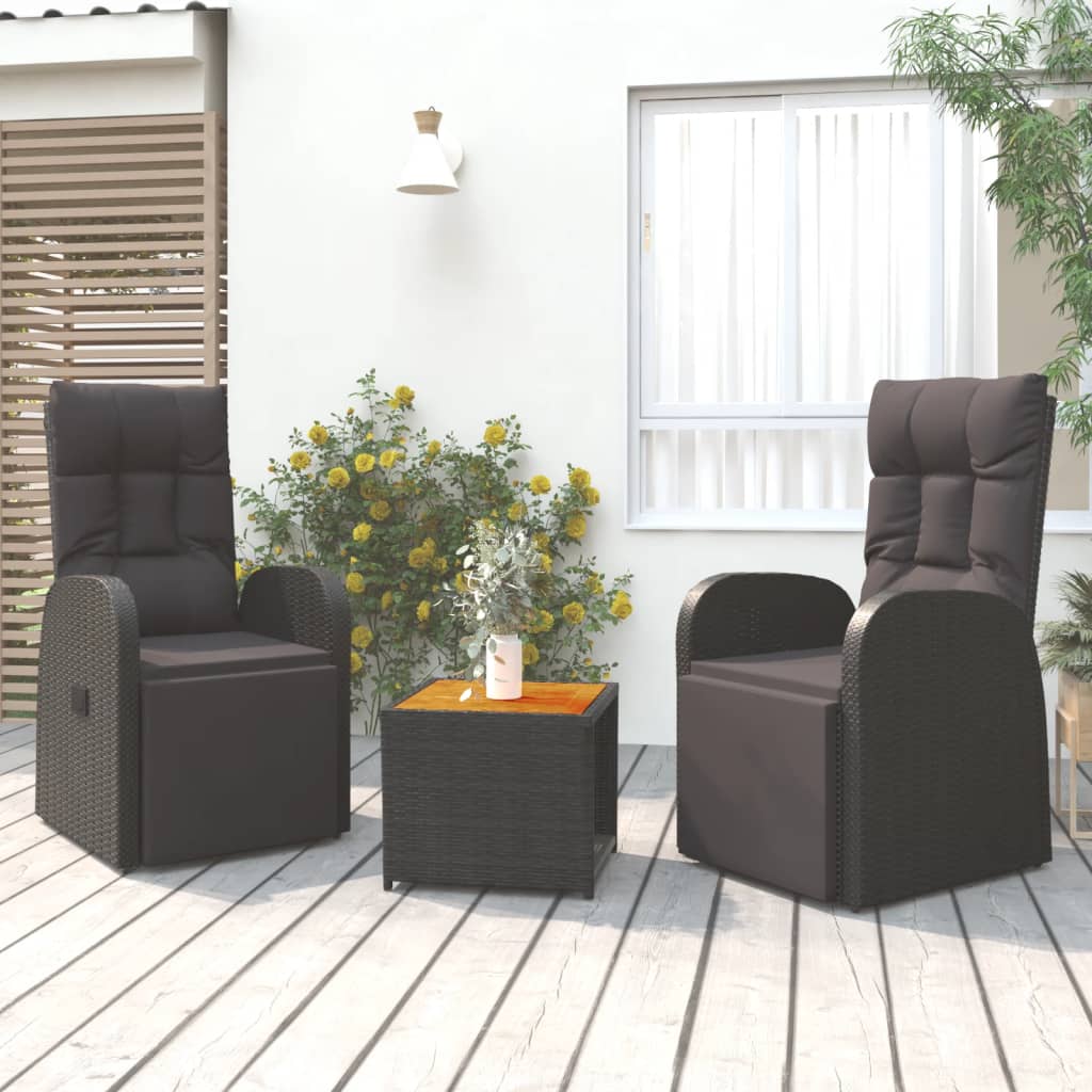 3-tlg. Garten-Lounge-Set Schwarz Poly Rattan Massivholz Akazie