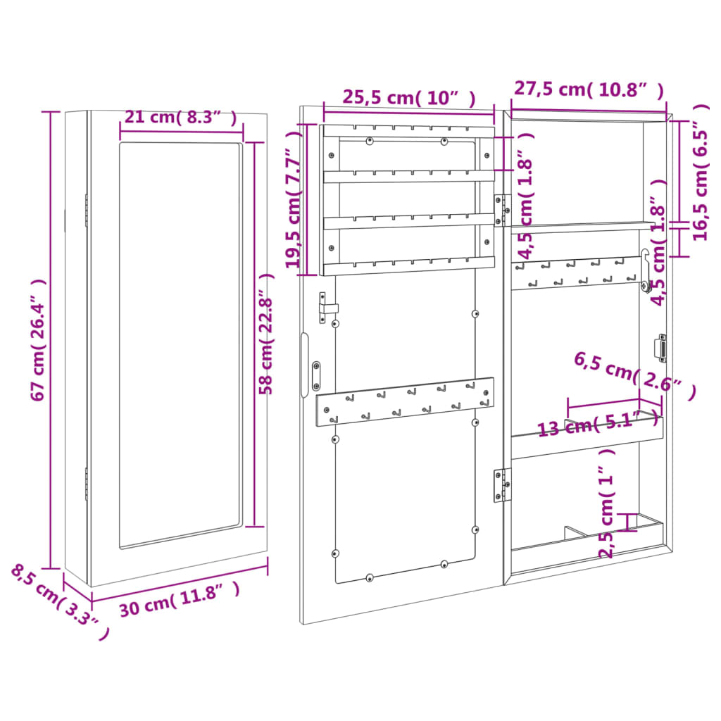 Schmuckschrank mit Spiegel Wandmontage 30x8,5x67 cm