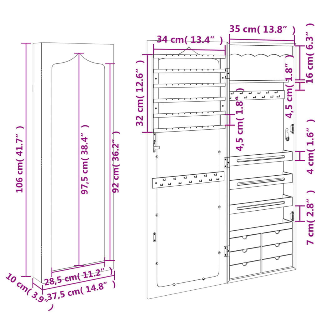 Schmuckschrank mit Spiegel Wandmontage Schwarz 37,5x10x106 cm