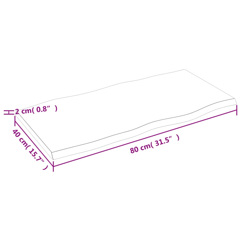 Tischplatte 80x40x2 cm Massivholz Eiche Unbehandelt Baumkante