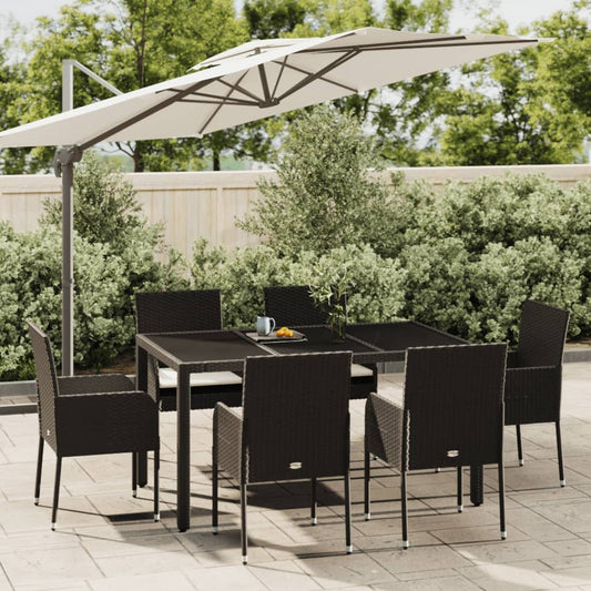 7-tlg. Garten-Essgruppe mit Kissen Schwarz Poly Rattan