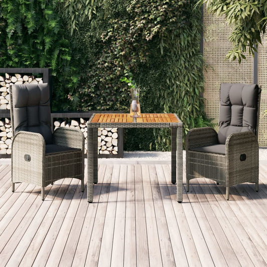 3-tlg. Garten-Essgruppe mit Kissen Grau Poly Rattan