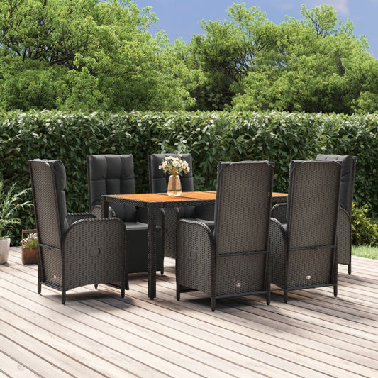 7-tlg. Garten-Essgruppe mit Kissen Schwarz Poly Rattan