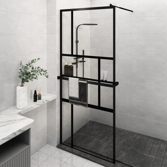 Duschwand mit Ablage für Walk-In-Dusche Schwarz 100x195 cm ESG