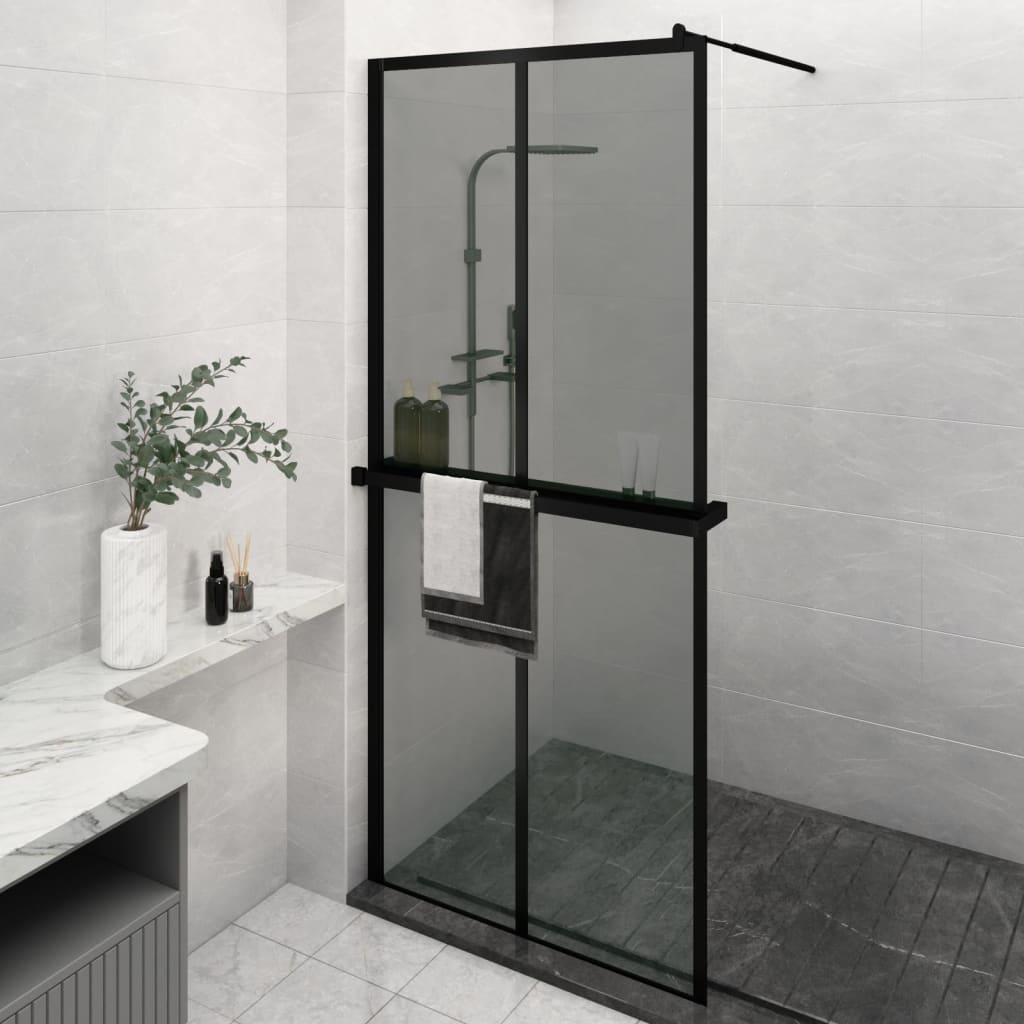 Duschwand mit Ablage für Walk-In-Dusche Schwarz 100x195 cm ESG