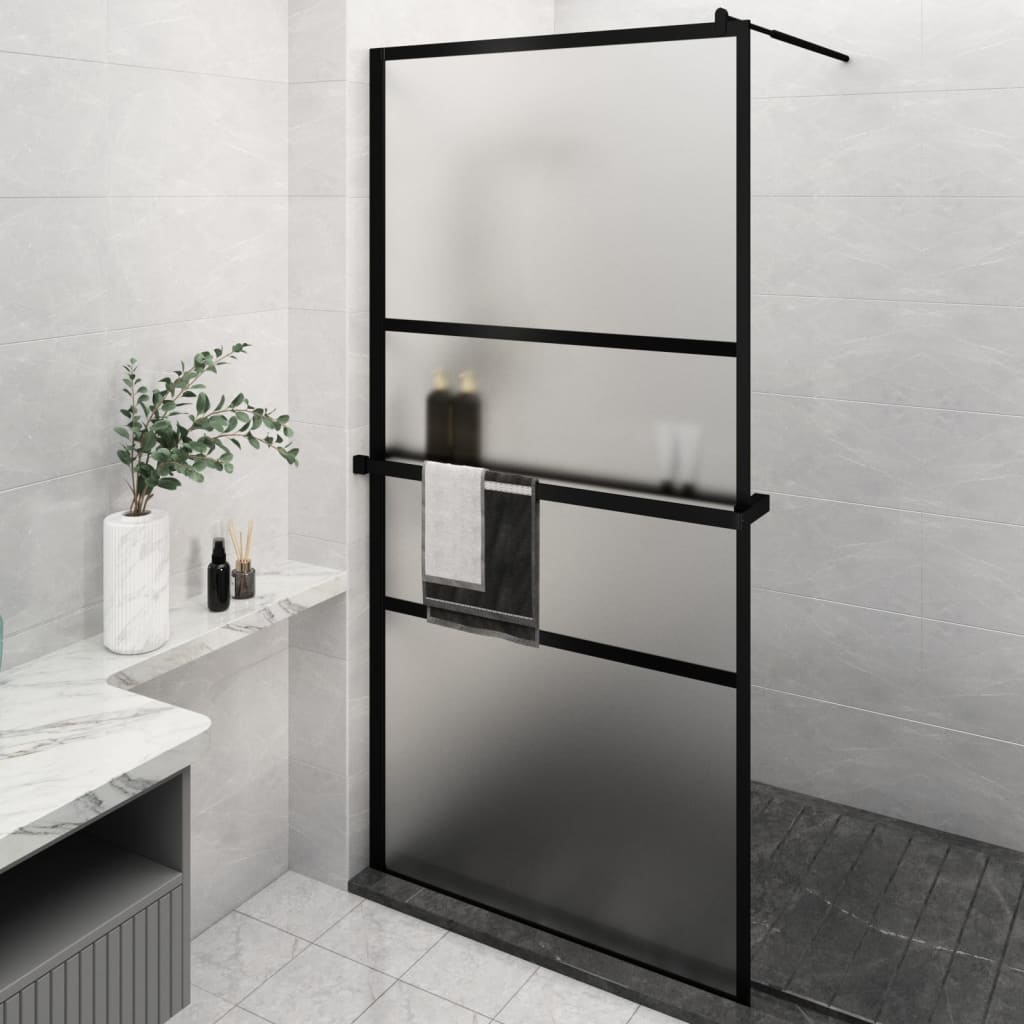 Duschwand mit Ablage für Walk-In-Dusche Schwarz 115x195 cm ESG