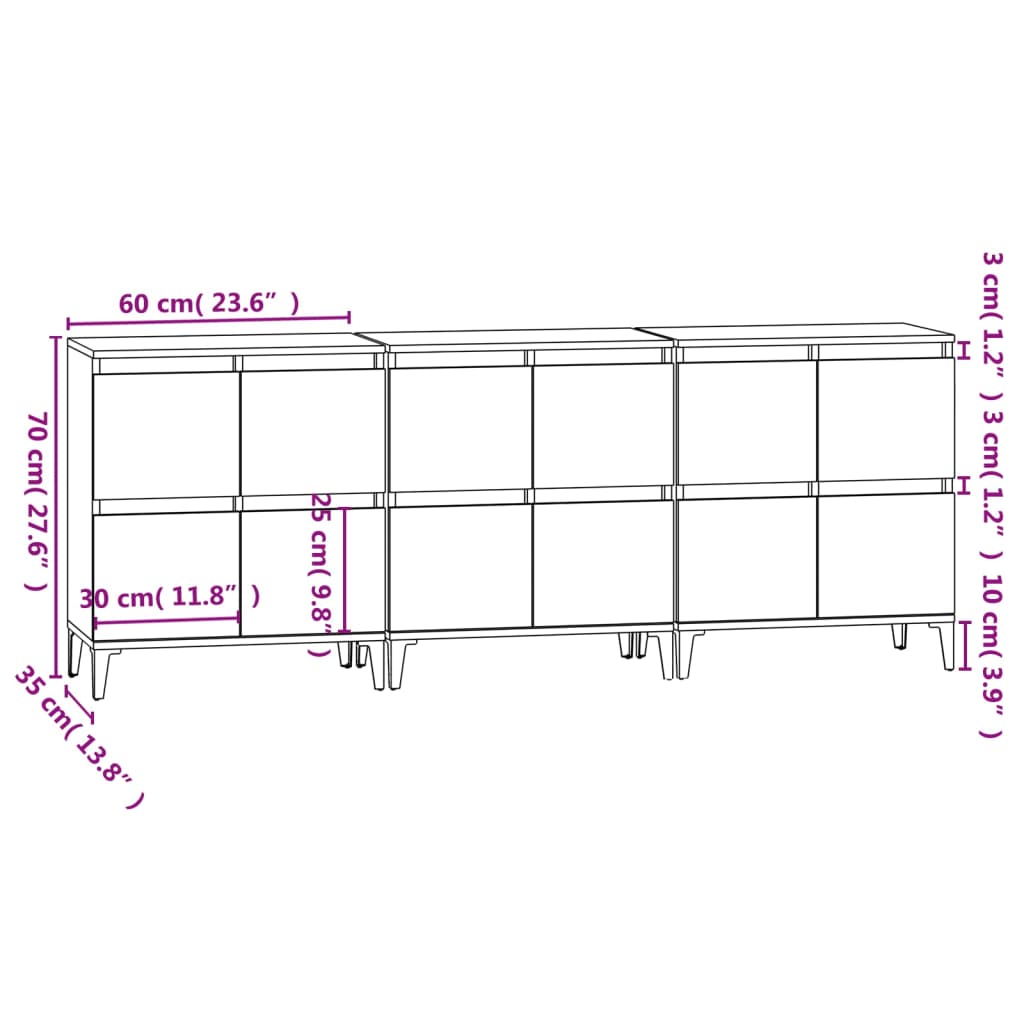 Sideboards 3 Stk. Grau Sonoma 60x35x70 cm Holzwerkstoff