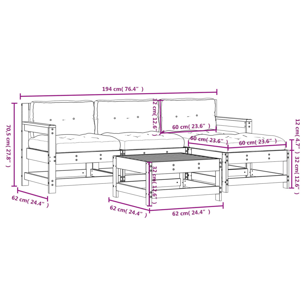 5-tlg. Garten-Lounge-Set mit Kissen Grau Massivholz