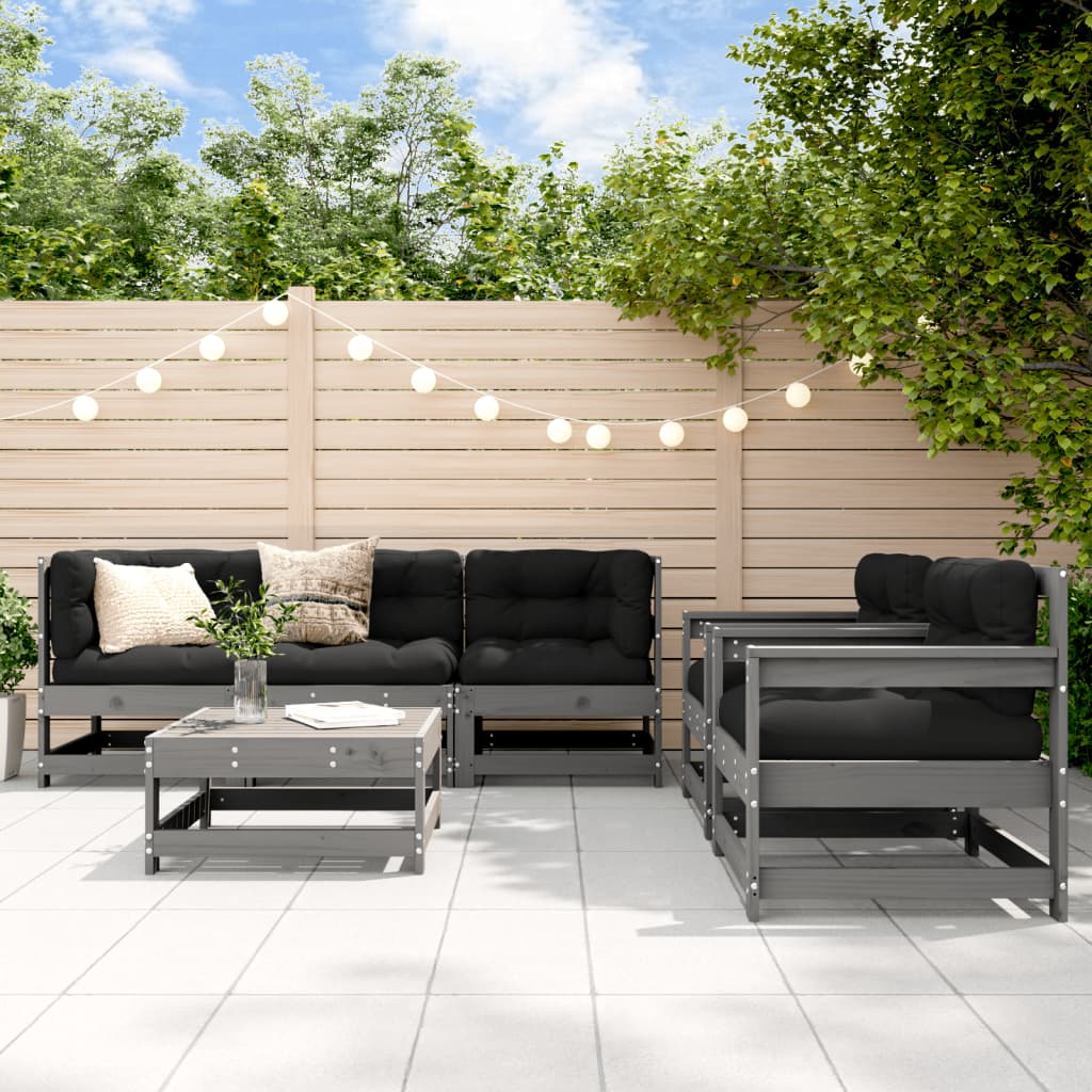 6-tlg. Garten-Lounge-Set mit Kissen Grau Massivholz