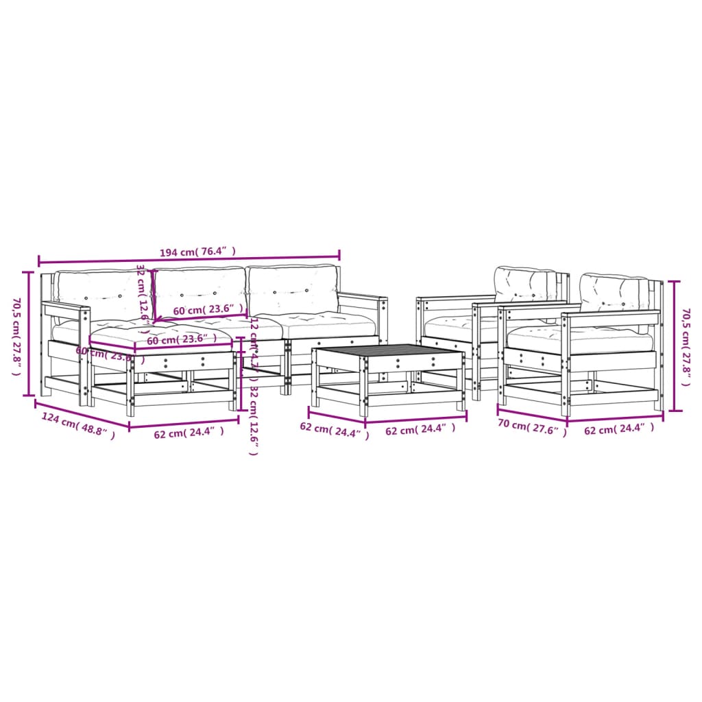 7-tlg. Garten-Lounge-Set mit Kissen Massivholz