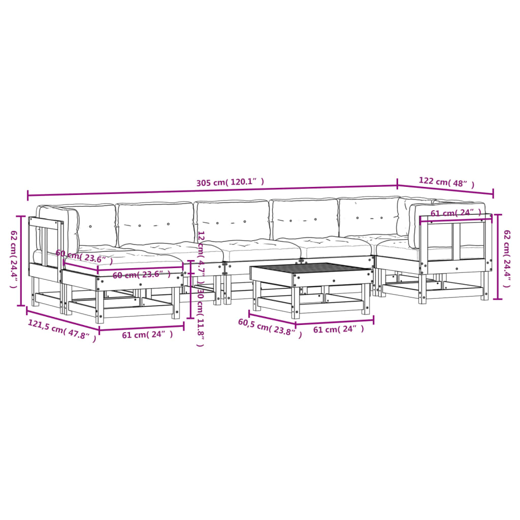 8-tlg. Garten-Lounge-Set mit Kissen Weiß Massivholz