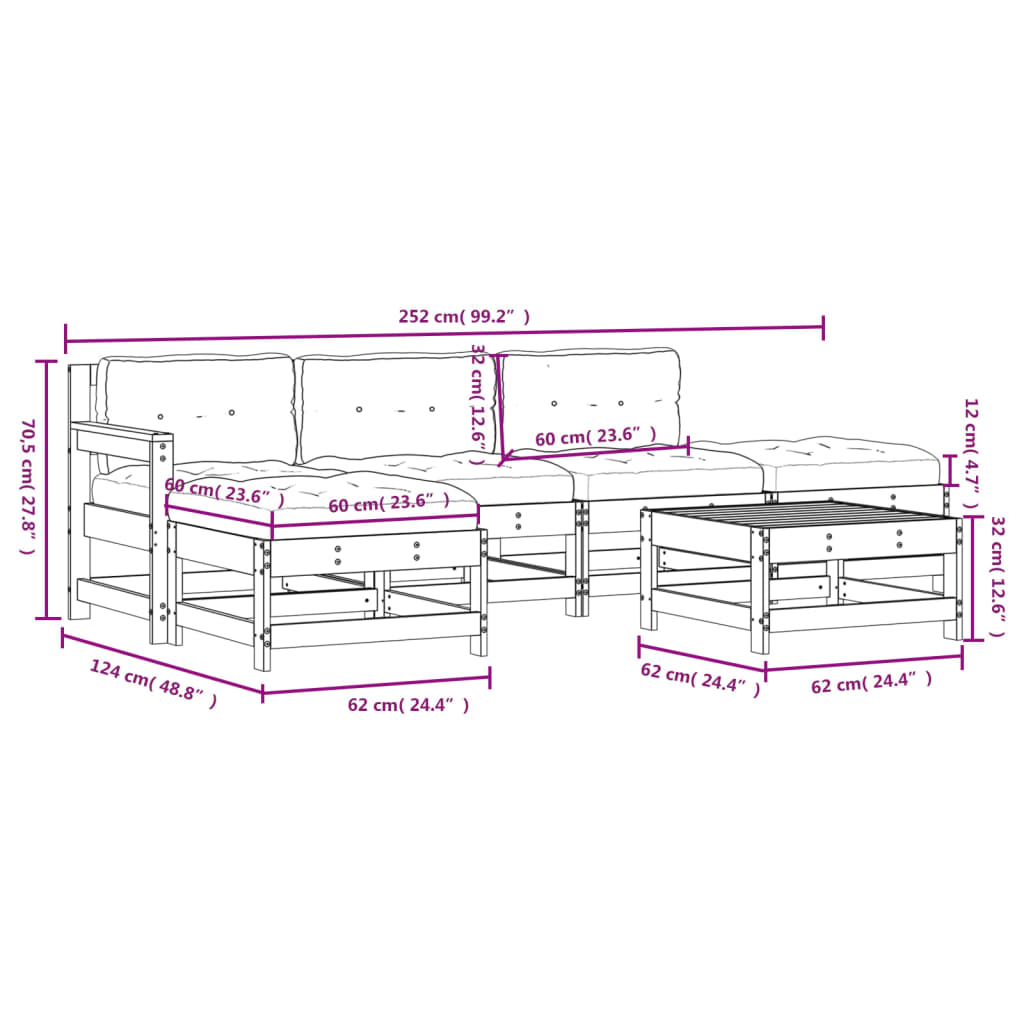 6-tlg. Garten-Lounge-Set mit Kissen Weiß Massivholz