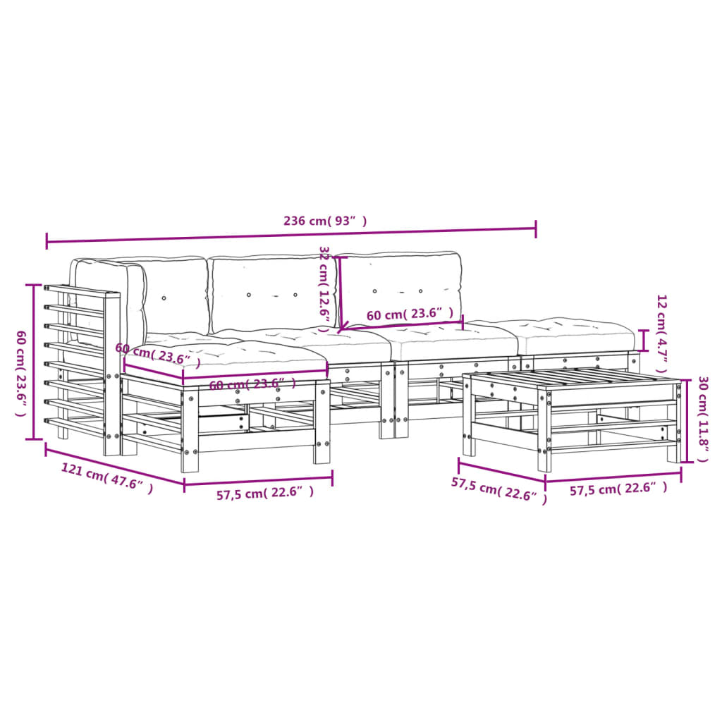 6-tlg. Garten-Lounge-Set mit Kissen Grau Massivholz