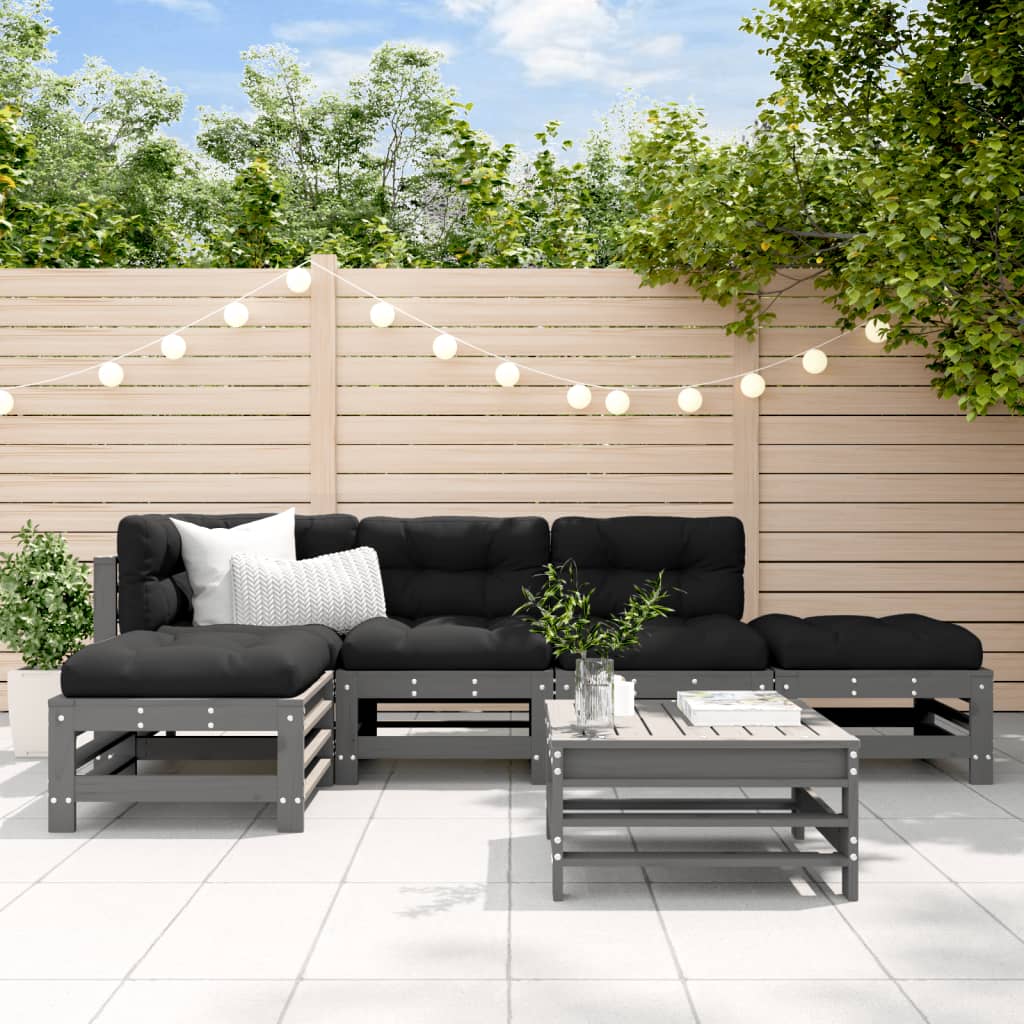 6-tlg. Garten-Lounge-Set mit Kissen Grau Massivholz